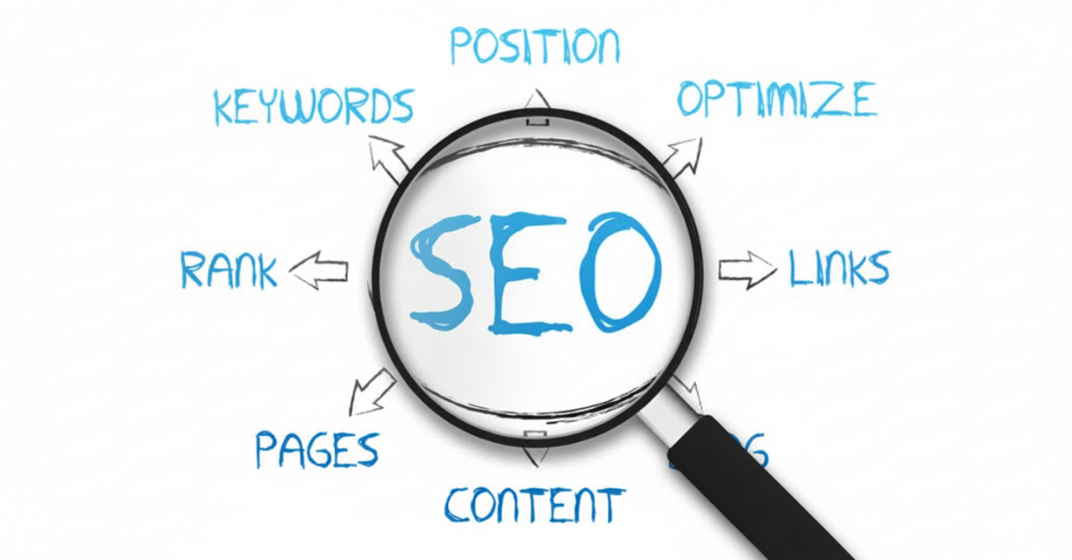 SEO concept illustration with magnifying glass focusing on core elements: keywords, position, optimize, links, content, pages, and rank